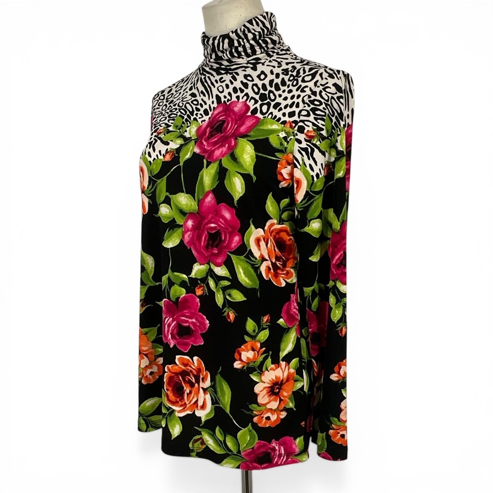 Susan Graver Liquid Knit Turtleneck Top XXS Colorful Animal Floral Print Black - Picture 2 of 10